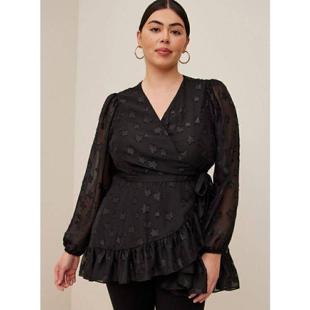 Torrid Size 1X Lurex Star Surplice Ruffle Hem Top Black Plus Size Blouse U